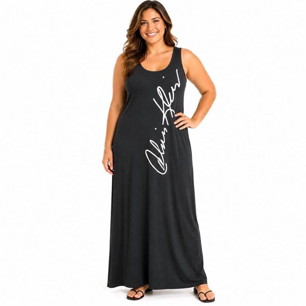 Calvin Klein Black Maxi Dress Logo Script Medium